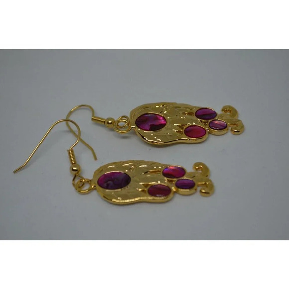 Fuschia Dangle Hook Earrings Abalone Accents Eclectic Abstract Stylized Floral - Picture 4 of 6